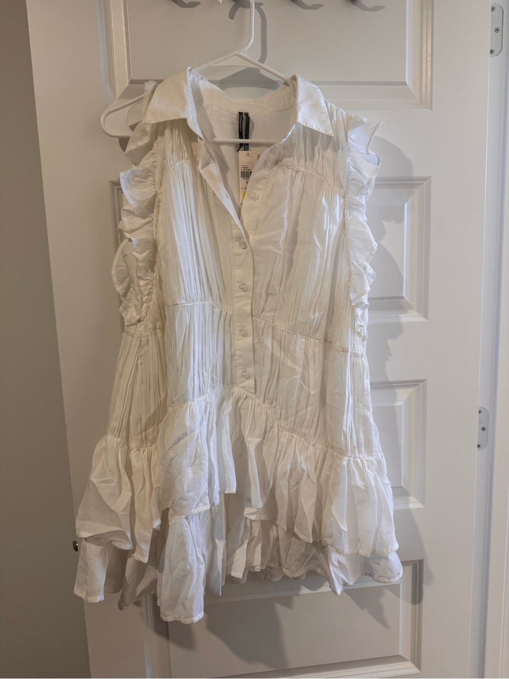 Anthropologie White Ruffled Sleeveless Button-Front Tunic